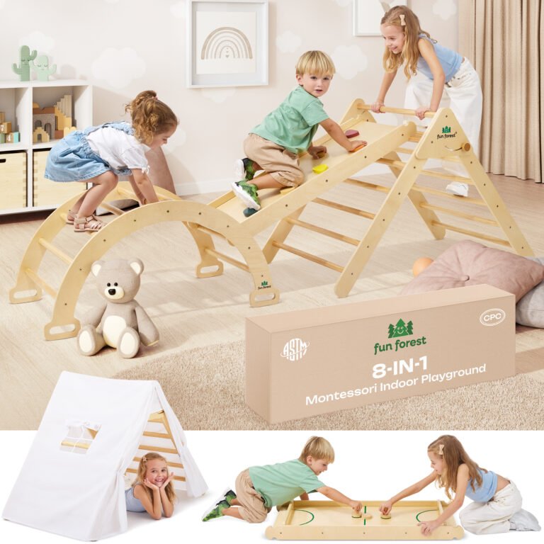 Transform Your Playroom: The Ultimate Pikler Triangle with Air Hockey Table and Kids Tent Setup