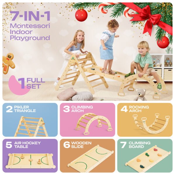 a group of kids playing with an 7-in1 wooden pikler triangle set