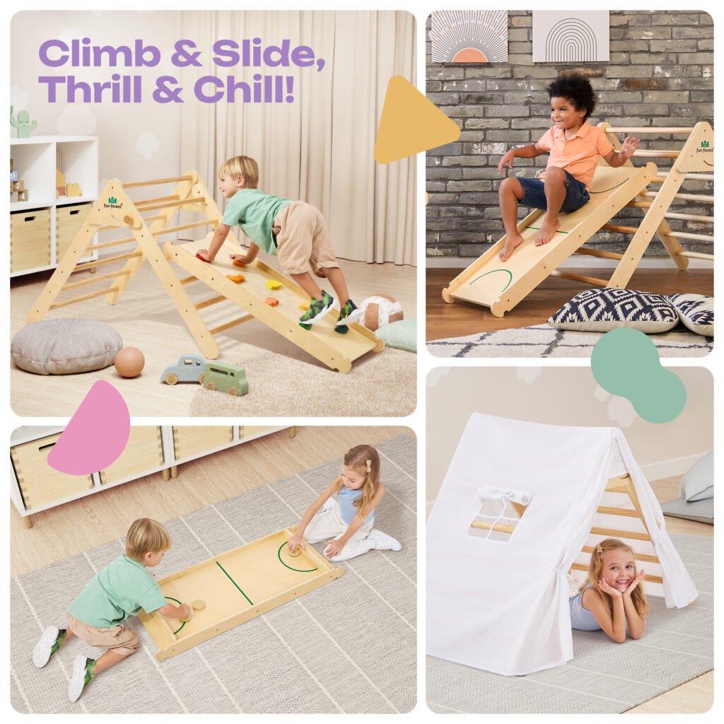 a collage of children playing with a Pikler triangle set